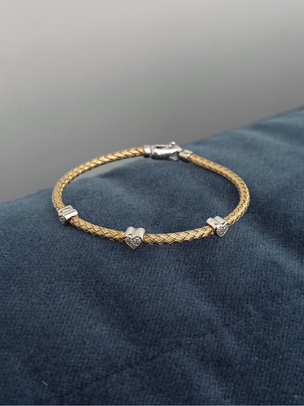Vintage Italy 925 Silver Gold Vermeil Braided
Mesh pave Diamonds heart bracelet